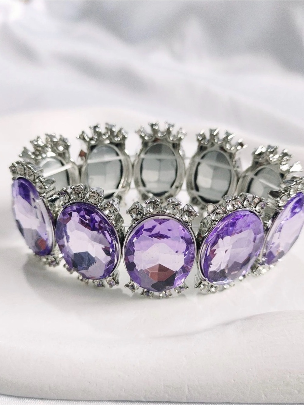 Silver-Tone Stretch Bracelet with Violet Crystal Gems - Women Jewelry